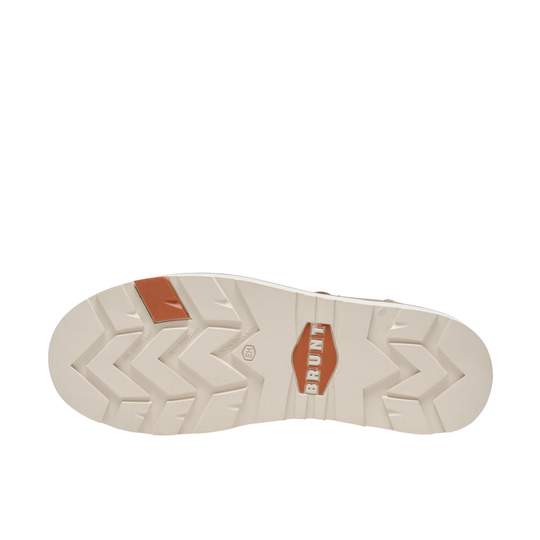 White shoe sole with brown accents and 'Birkenstock' branding on a white background