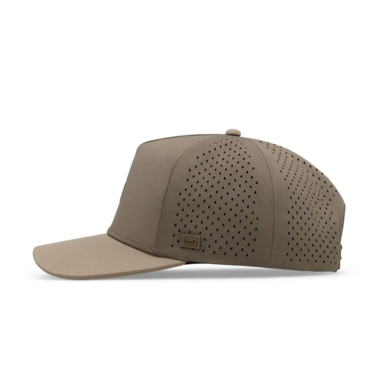Brown baseball cap with perforated design on a white background