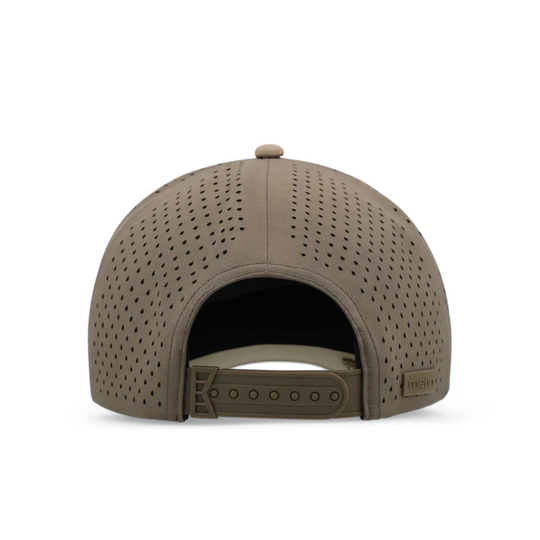 Brown baseball cap with perforated design on a white background