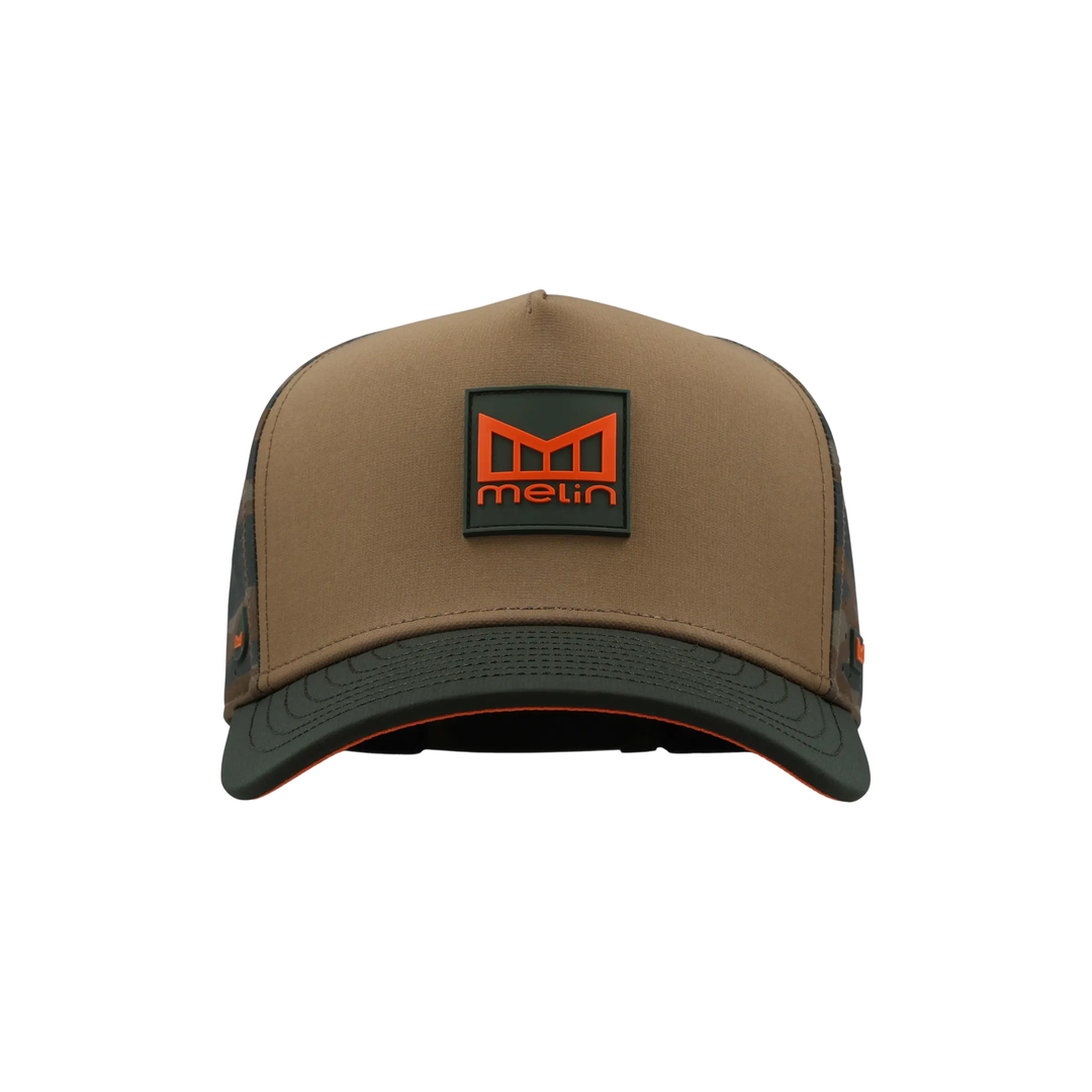 Brown and green cap with a logo on a white background