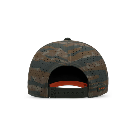 Camouflage-patterned pet bed with red interior on a white background
