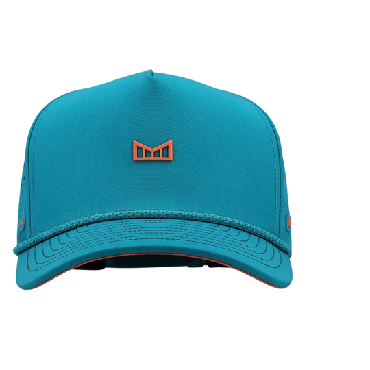 Blue cap with an orange logo on a white background