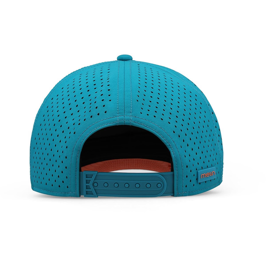 Blue baseball cap with a brand logo on a white background