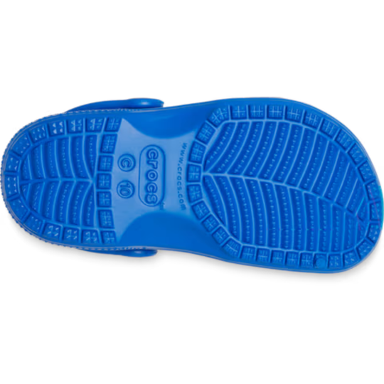 Blue bottom sole of clog shoe on a white background