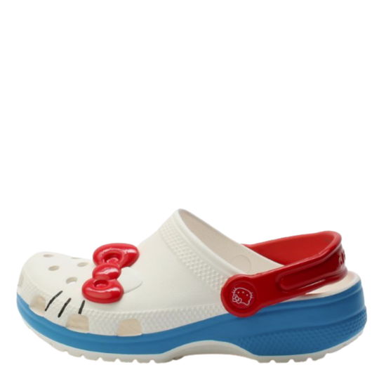 White clog with red and blue accents on a white background