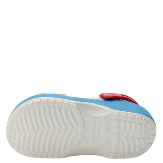 White sandal with blue sole and red strap on a white background