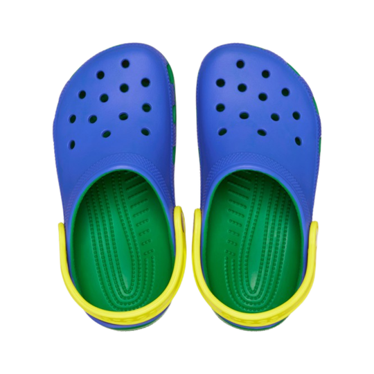 Blue and green clogs with yellow accents on a white background