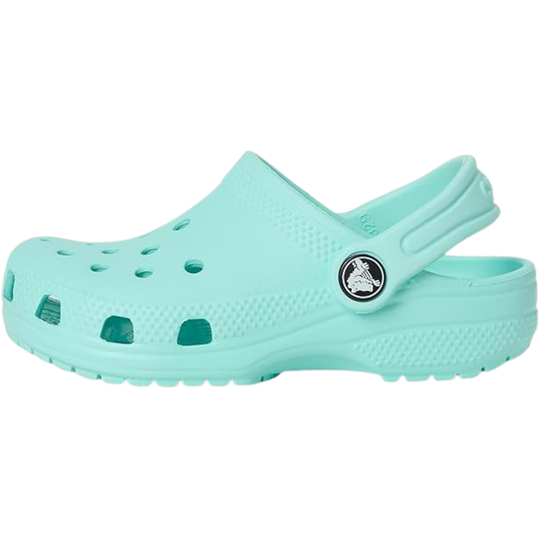 Mint green clog shoe with a brand logo on a white background