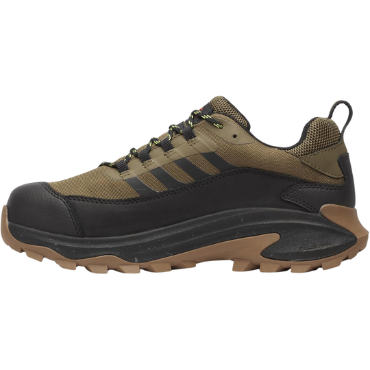 Brown and black hiking shoe on a white background