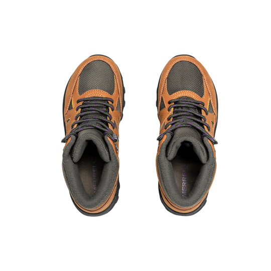 Pair of brown and gray hiking boots on a white background