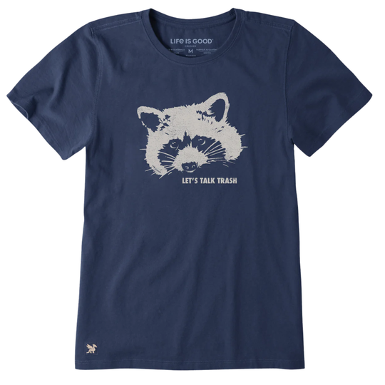 Navy blue t-shirt with raccoon graphic and 'Let's Talk Trash' text on a white background