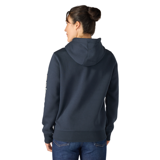 Person wearing a navy blue hoodie on a white background