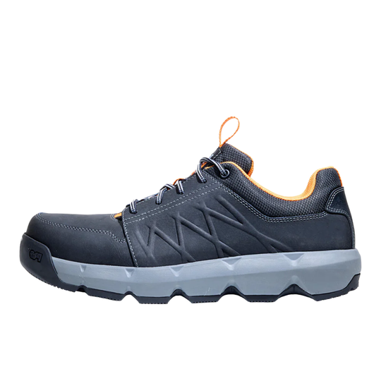 Gray athletic shoe with orange accents on a white background