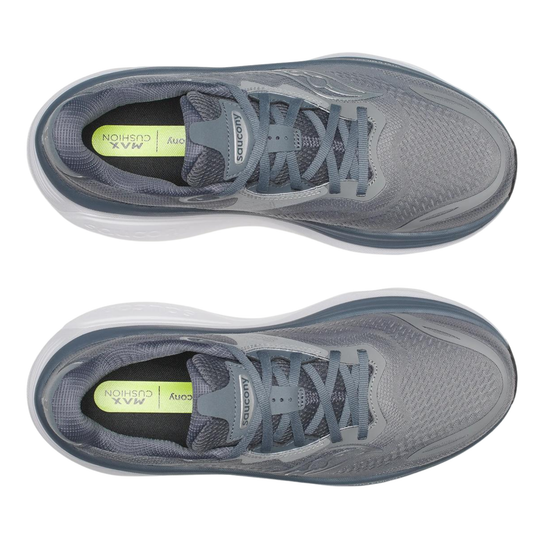 top view of saucony men's grey shoes on white background