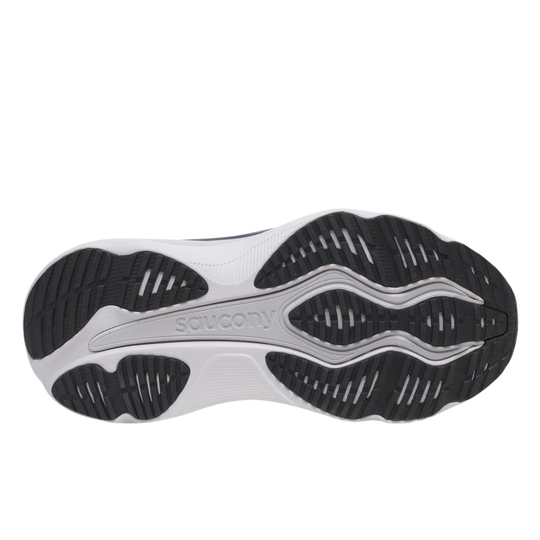 bottom sole of shoe with saucony logo on white background