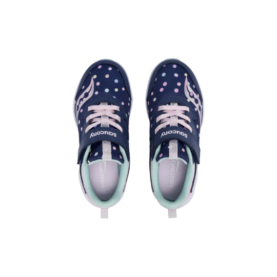 top view of Saucony Kids' Flash LE Shoes - Navy/Pink dot print on white background 