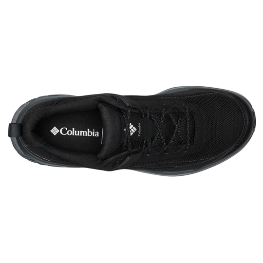 A top-down view of a black Columbia athletic shoe on a solid white background.