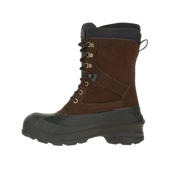 Dark brown insulated winter boot with lace-up front, black rubber toe, and lug sole. On a plain white background.