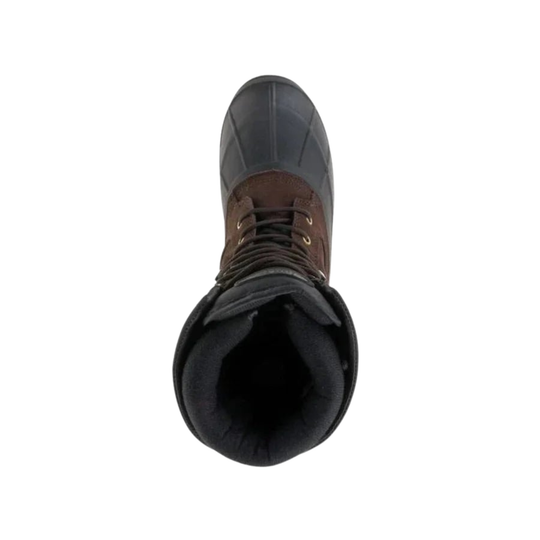 top view of Dark brown insulated winter boot with lace-up front, black rubber toe, and lug sole. On a plain white background.