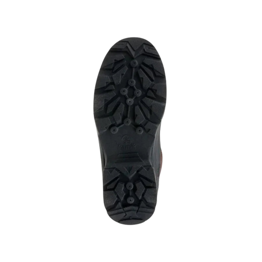 Bottom black sole of Dark brown insulated winter boot with lace-up front, black rubber toe, and lug sole. On a plain white background.