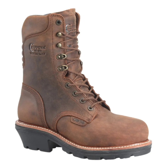 Brown leather lace-up work boot with a tall shaft, lug sole, and visible side text