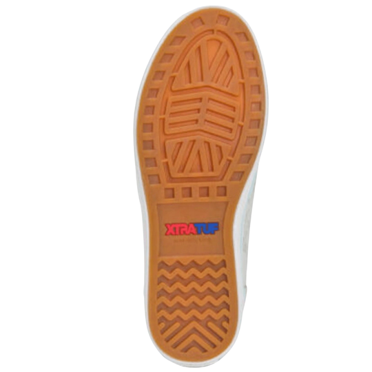 Tan rubber shoe sole with zigzag tread and XTRATUF logo