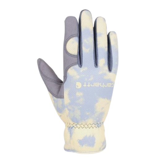 A single Carhartt work glove shown from the back, featuring a light blue and cream tie-dye pattern on the back with solid gray palm and finger backs, and the Carhartt logo printed on the back.