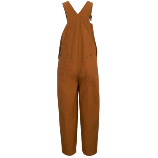 back of Brown bib overalls with two back pocket, adjustable straps, and reinforced knees