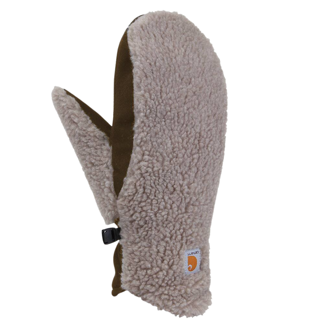 A single Carhartt mitten in a light taupe fleece exterior with a dark brown interior lining, shown against a plain white background.