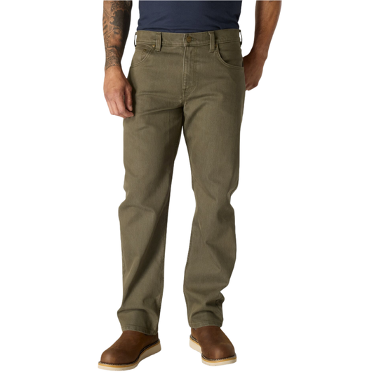 A person wearing straight-leg olive green pants, paired with a navy blue shirt and brown leather shoes, shown from the waist down on a plain white background.