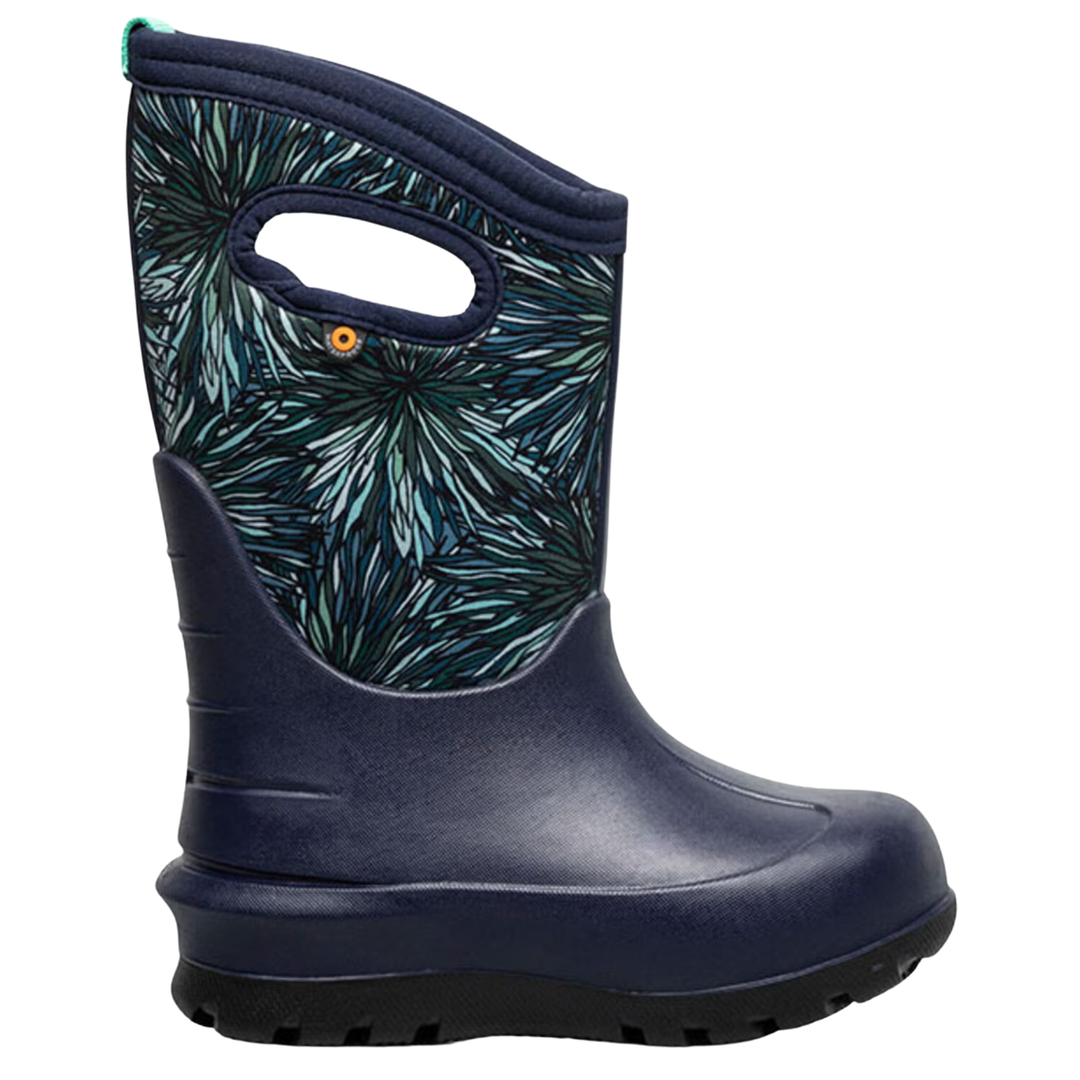 A single mid-calf rain boot with a navy blue rubber body and a patterned upper panel featuring teal, green, and dark blue leaf-like motifs, shown on a plain white background.