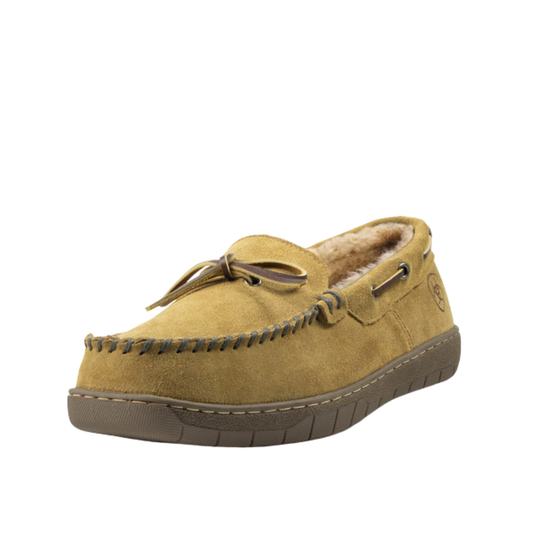 A single tan suede moccasin slipper with a brown sole and a soft beige sherpa lining, shown from a three-quarters angle on a white background.
