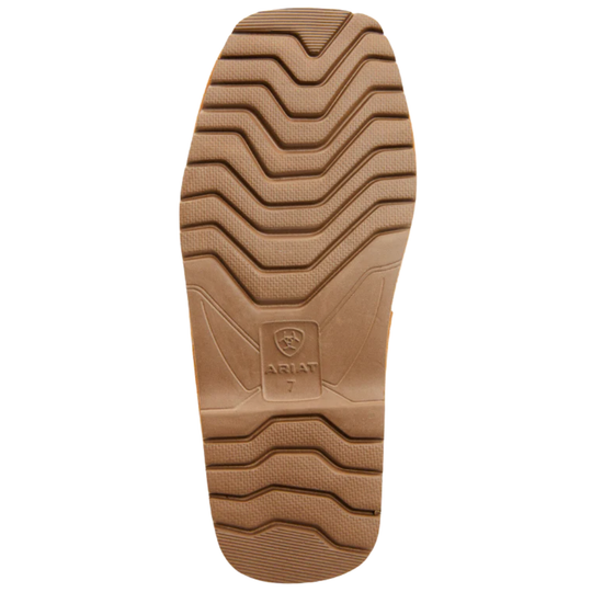 A close-up of a tan-brown shoe sole with a wavy tread pattern and an embossed Ariat logo in the center, shown against a plain white background.