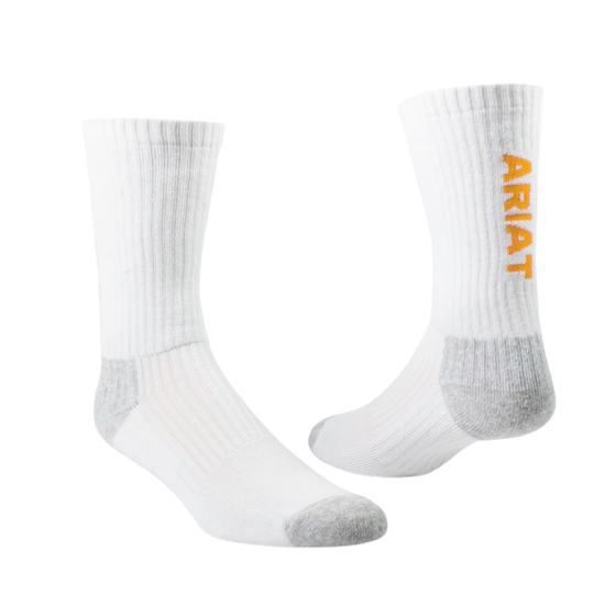 A pair of white crew socks with gray reinforced heels, toes, and cuffs, featuring the brand name 'ARIA' printed vertically in orange on the side of one sock, set against a plain white background.