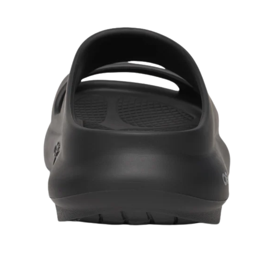 A single black slip-on clog shoe shown from a rear three-quarter view against a plain white background.
