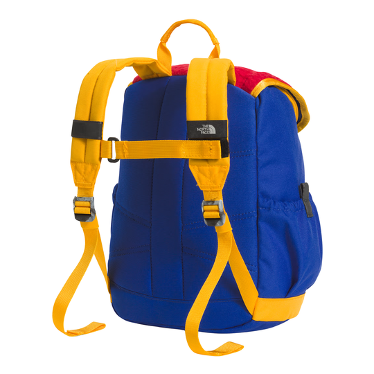 A blue backpack with bright yellow straps and trim, featuring a red interior lining visible at the top, photographed on a clean white background.