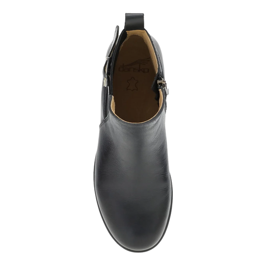 A single black leather ankle boot shown from a top-down view on a plain white background.