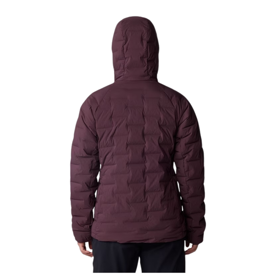 A person shown from the back wearing a hooded quilted puffer jacket in a dark plum-burgundy color, paired with dark pants, against a plain white background.