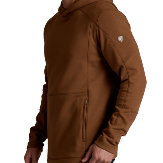 A man wearing a brown hooded sweatshirt, shown from the side against a plain white background.