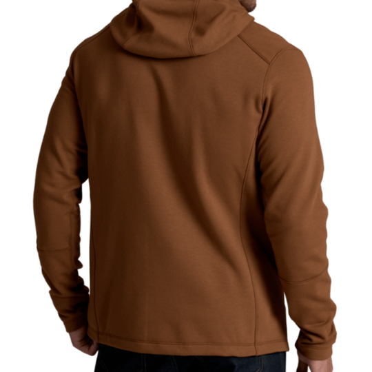A person shown from the back wearing a solid brown hooded sweatshirt, photographed against a plain white background.