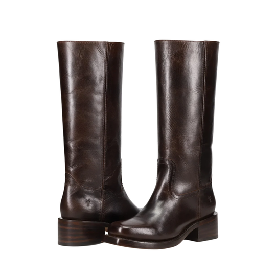 A pair of dark brown leather knee-high boots with low block heels, shown against a plain white background.