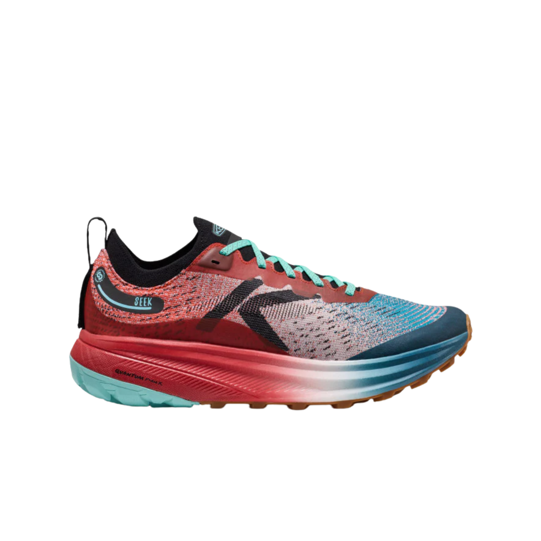 A single running shoe shown in profile against a solid white background. The shoe features a red and black knit upper with a prominent black 'K' logo, a red-to-blue gradient midsole, and turquoise accents on the collar and outsole.