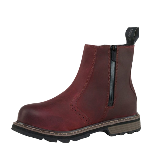 A dark red leather Chelsea-style ankle boot with a side zipper, pull tab, and a rugged black and brown sole, shown against a plain white background.