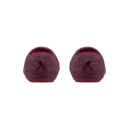 A pair of burgundy slip-on shoes shown from the back against a plain white background.