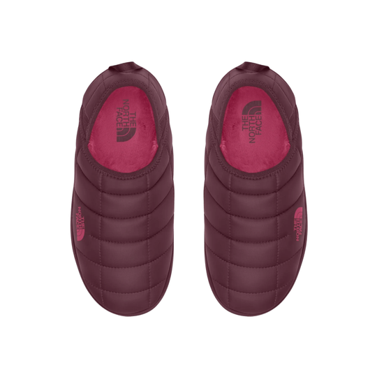 A pair of The North Face slip-on puffer shoes in a deep burgundy color, shown from a top-down view on a solid white background.