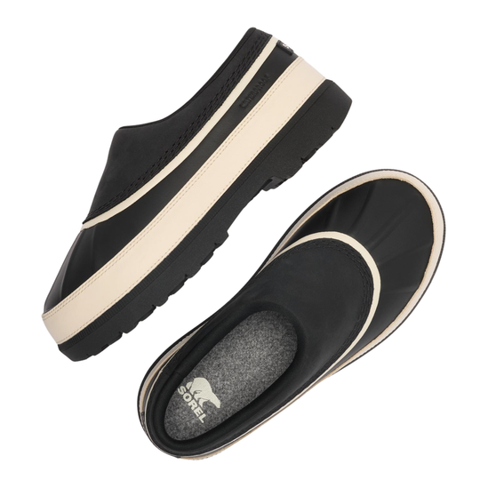 A pair of black slip-on clogs with thick cream-colored side stripes and a matching cream outsole, shown from two angles on a white background. The insole features the 'sorel' brand logo.