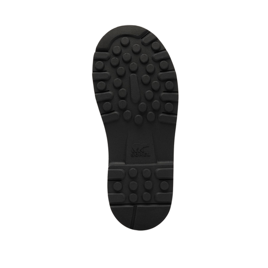 Black shoe with a brand logo on a white background