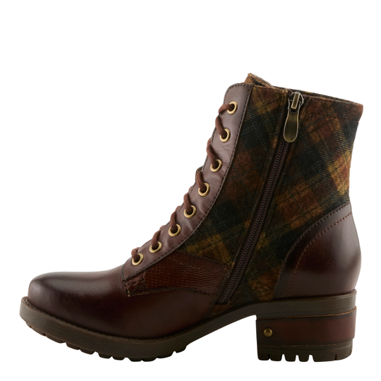 A lace-up ankle boot with a dark brown leather body, a textured brown heel, and a plaid patterned fabric collar in brown, green, and black tones.