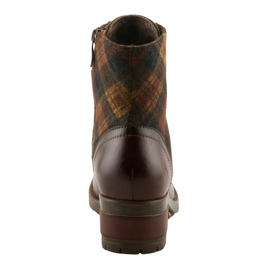 A single women's ankle boot shown from the back, featuring a brown leather heel and toe cap, and a brown, orange, and black plaid fabric upper.