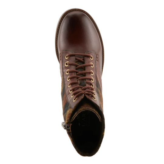 A lace-up ankle boot with a dark brown leather body, a textured brown heel, and a plaid patterned fabric collar in brown, green, and black tones.